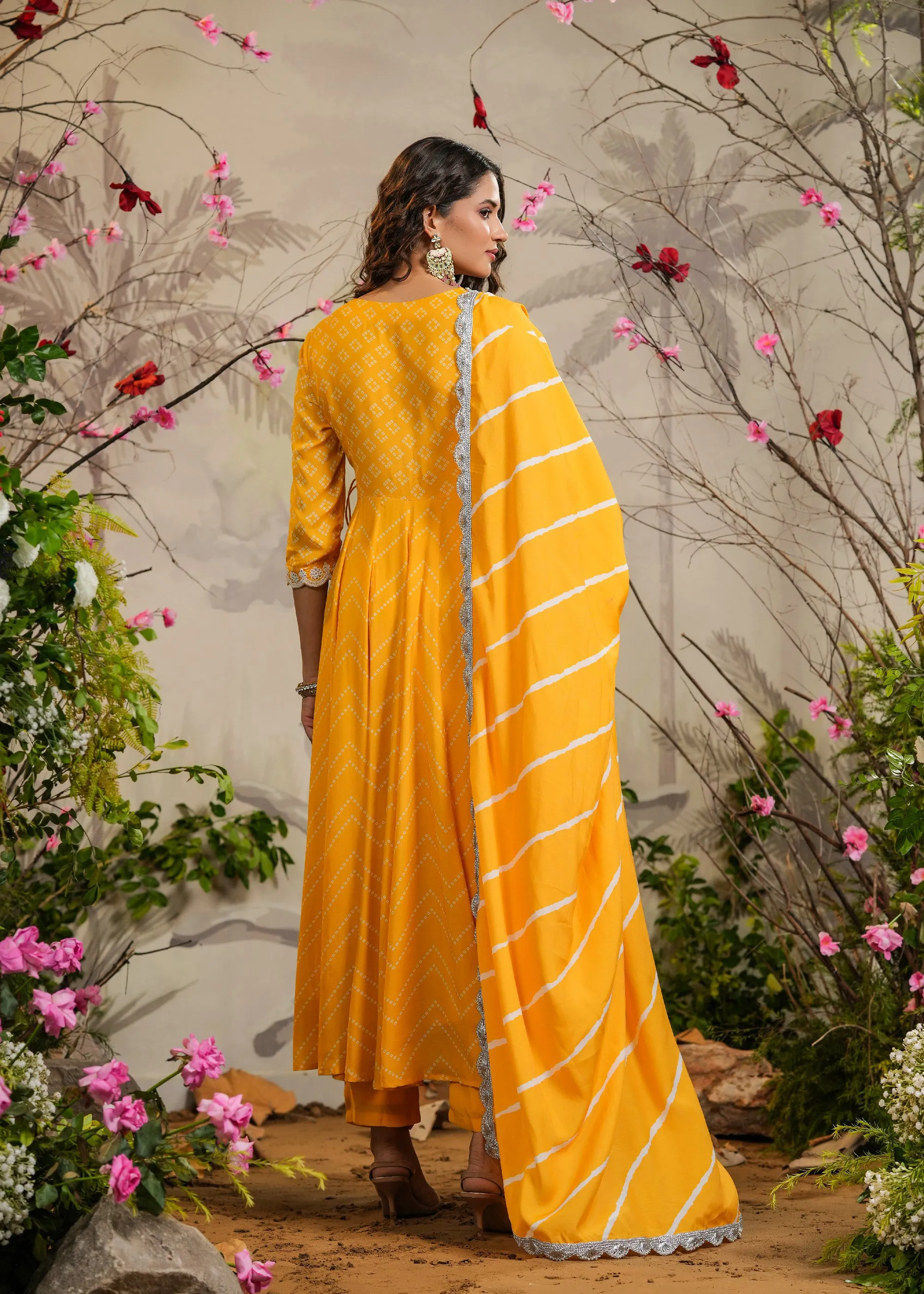 Abeer Yellow Bandhej Angrakha Kurti With Pant & Dupatta