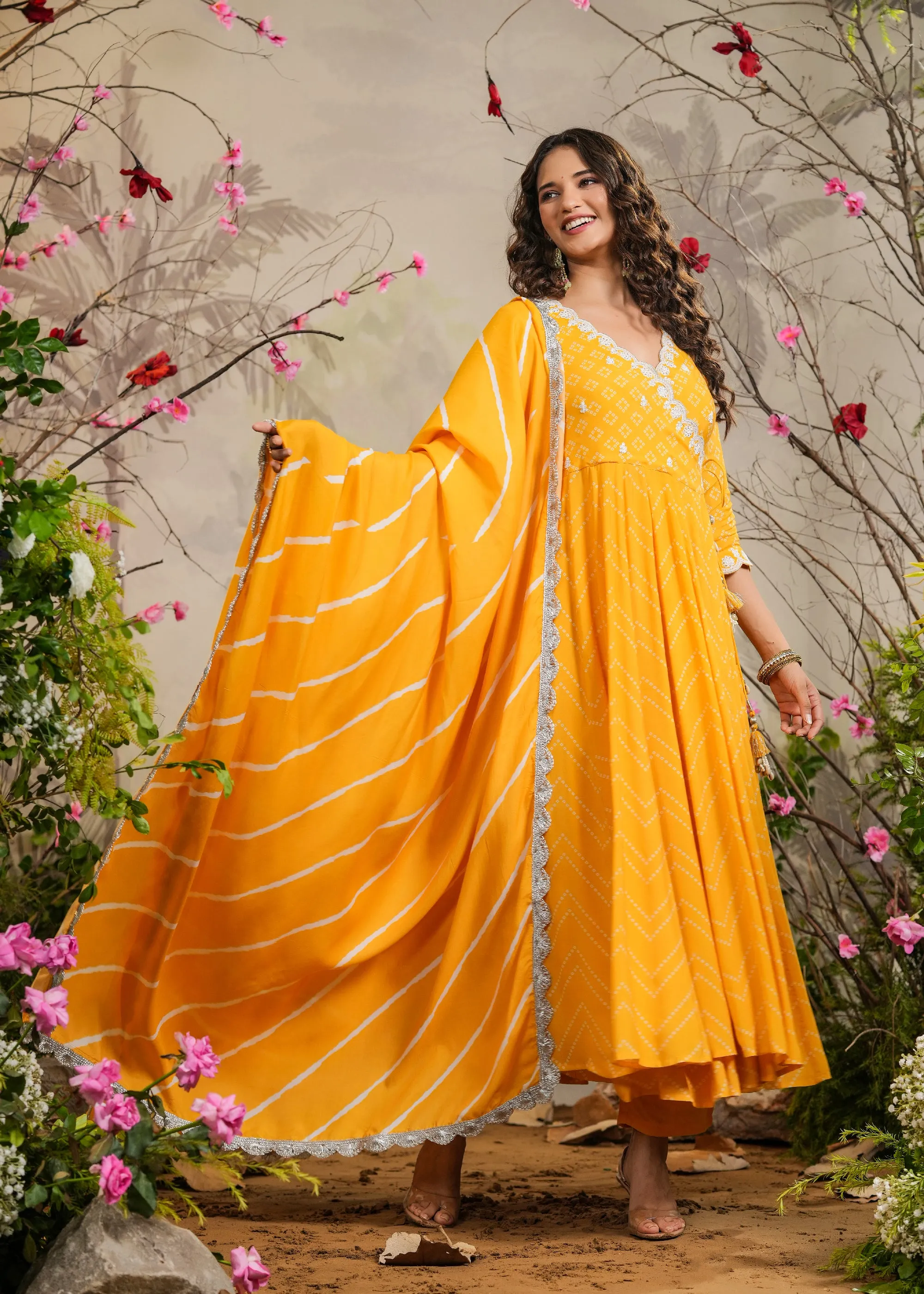 Abeer Yellow Bandhej Angrakha Kurti With Pant & Dupatta