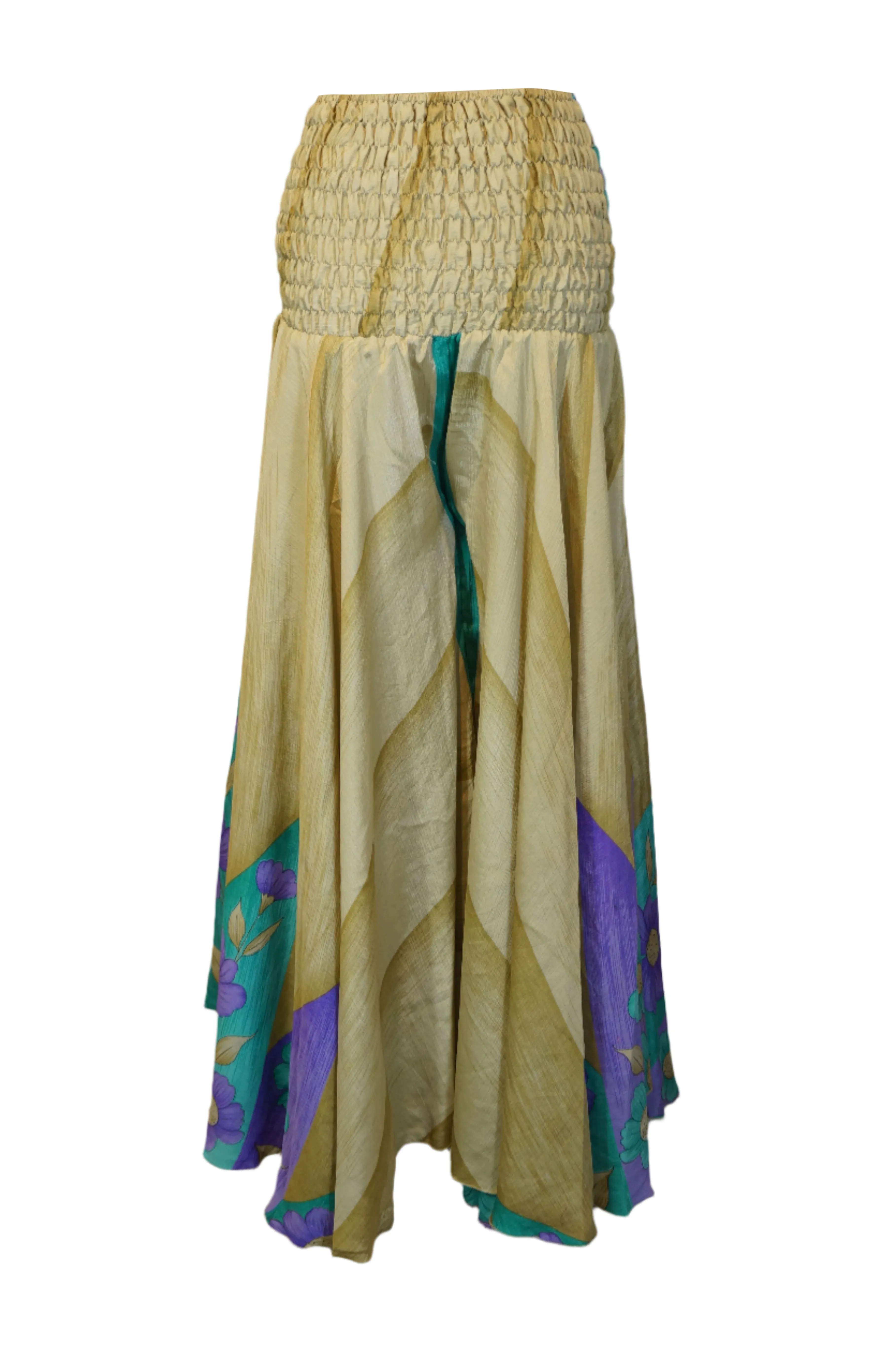 Bohemian Beige & Blue Floral Palazzo – Resort Wear Flowy Divided Pants SM