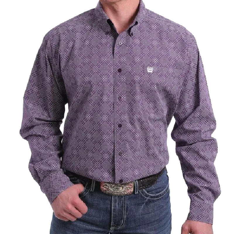 Cinch Men's Purple And White Diamond Print Button-down Shirt