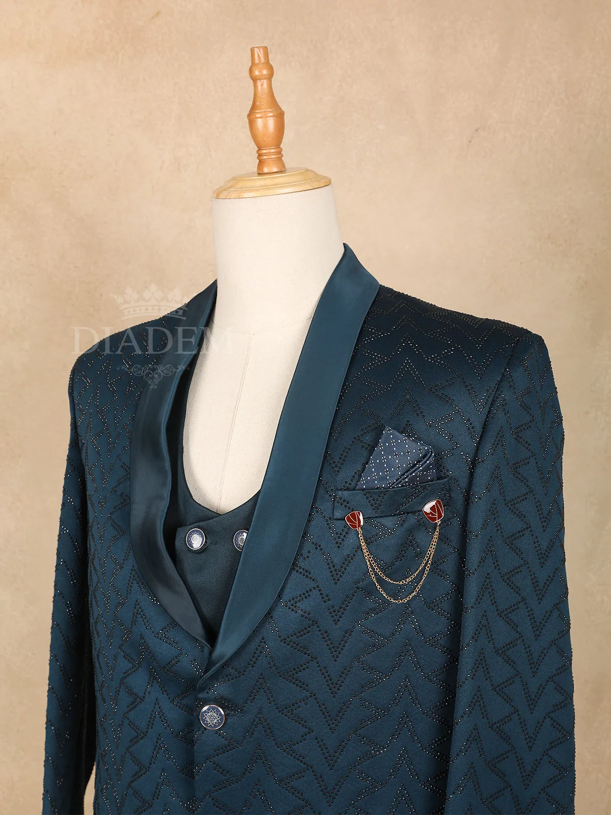 Dark Green Zigzag Pattern Men's Suit
