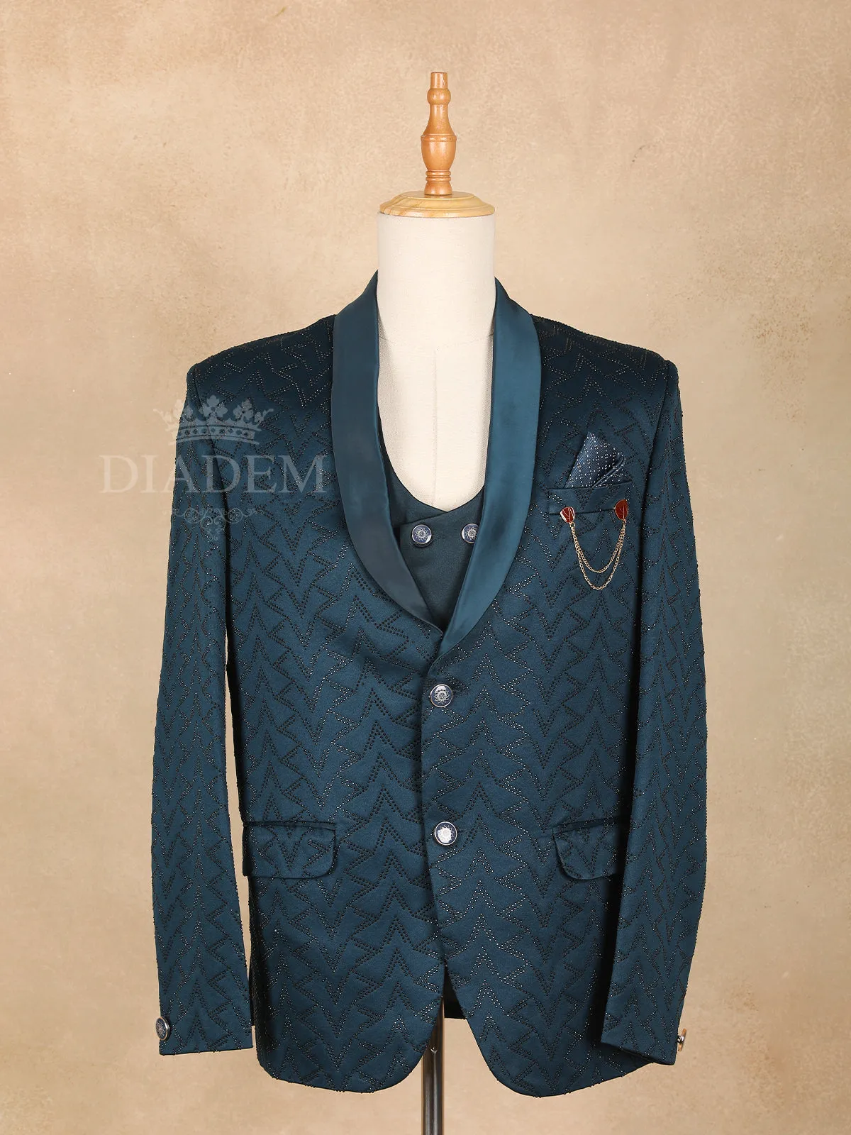 Dark Green Zigzag Pattern Men's Suit