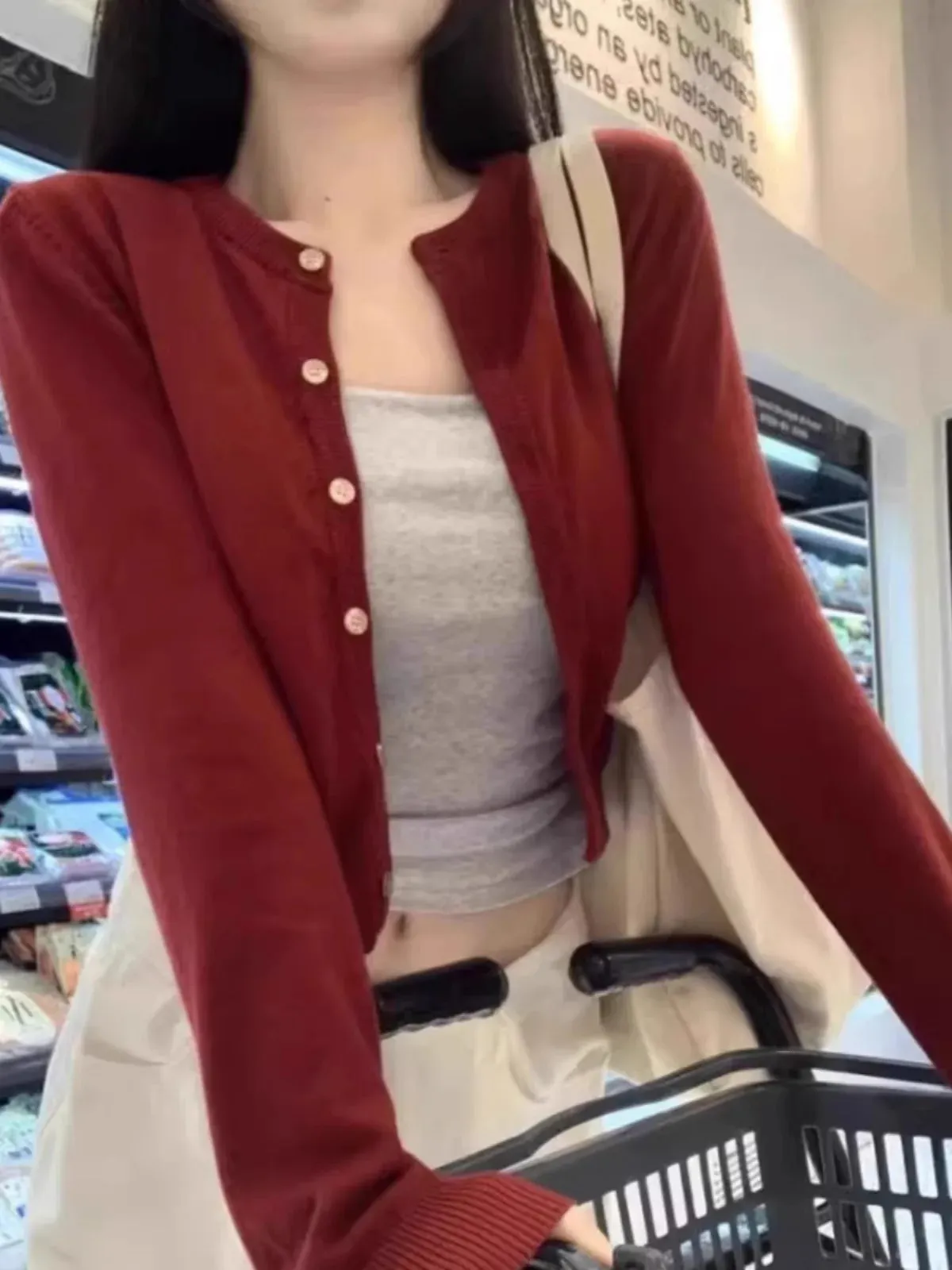 Flytonn-This year's popular Ancola red round neck 100 pure cashmere knitted cardigan women's autumn and winter short wool base coat