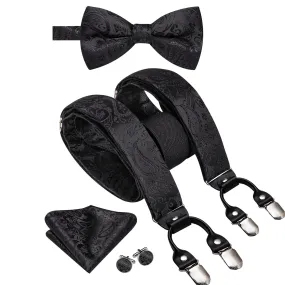 Hi-Tie Black Paisley Suspender Bowtie Hanky Cufflinks Set for Men
