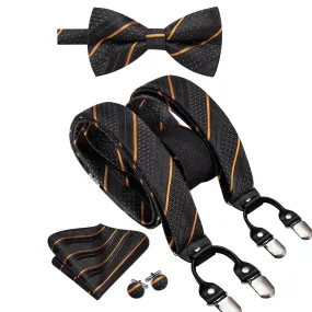 Hi-Tie Black Yellow Striped Mens Suspender Bowtie Hanky Cufflinks Set