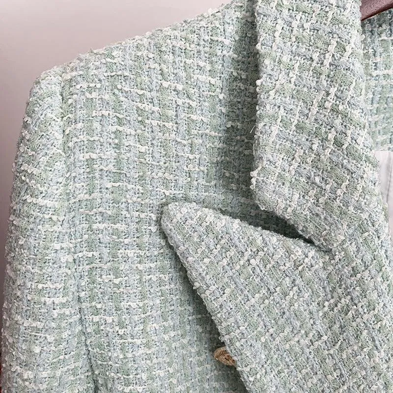 Ladies Lapel Neck Tassel Tweed Blazer Q3028