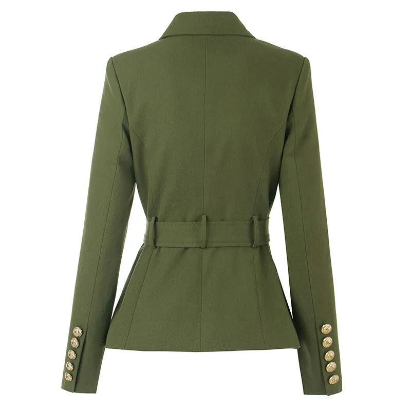Ladies Solid Color Double Breasted Belted Blazer 0104