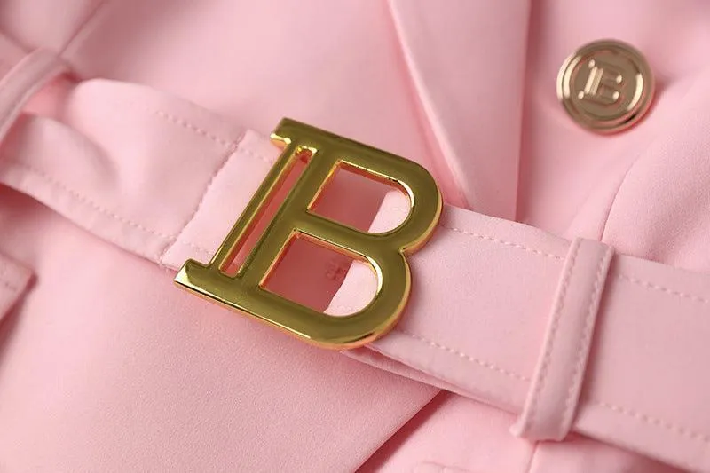 Ladies Solid Color Double Breasted Belted Blazer 2120
