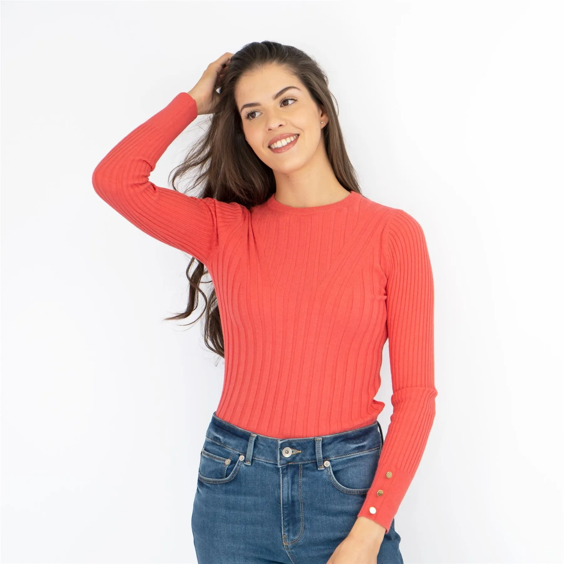 M&S Coral Red Soft Touch Ribbed Crew Neck Fitted Jumper