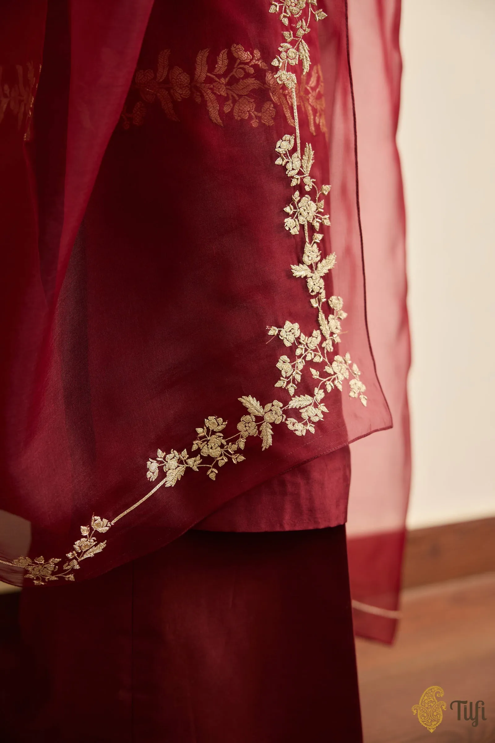 Maroon Pure Katan Silk Handwoven Kurta and Chanderi Pant Set with Hand-embroidered Dupatta