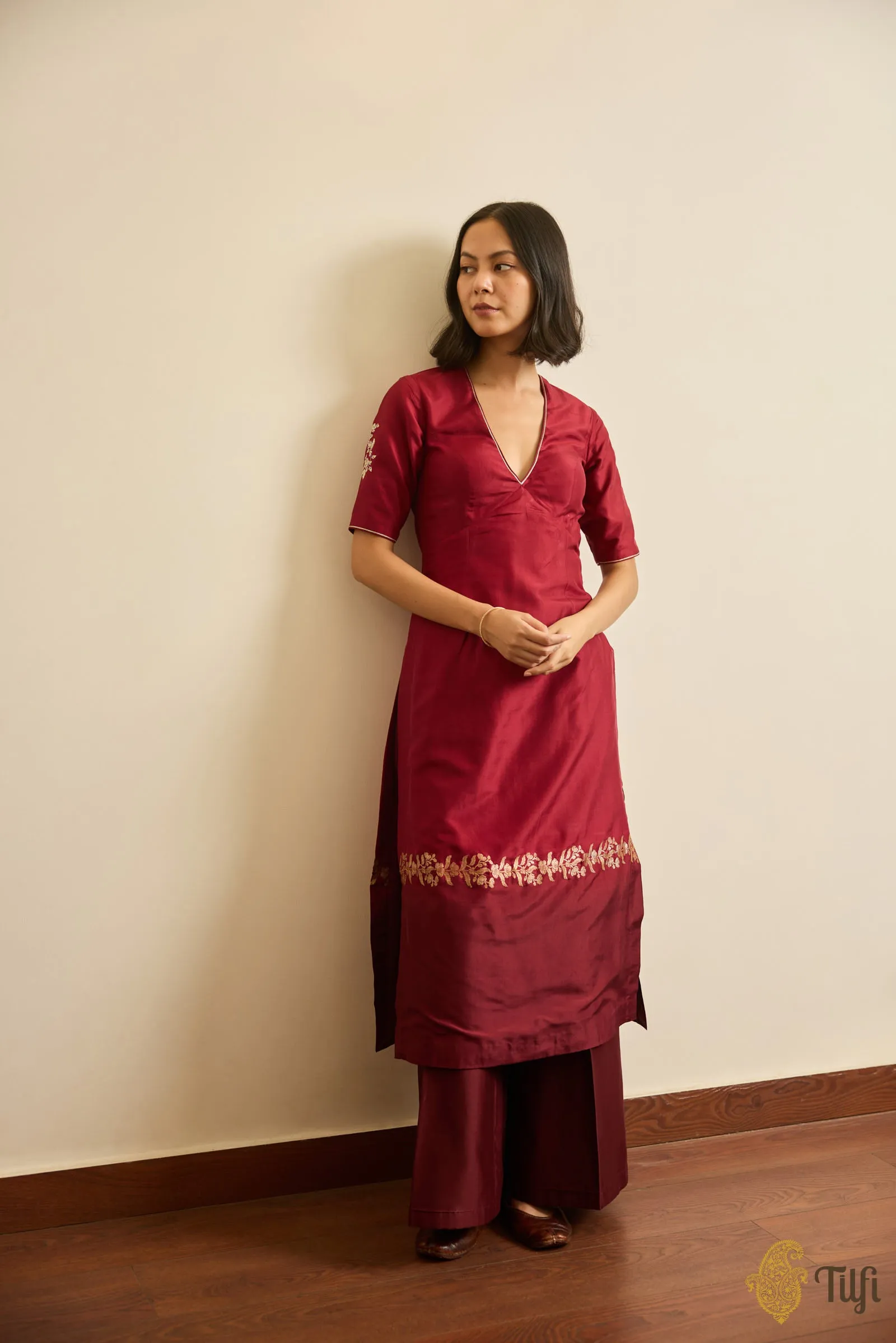Maroon Pure Katan Silk Handwoven Kurta and Chanderi Pant Set with Hand-embroidered Dupatta