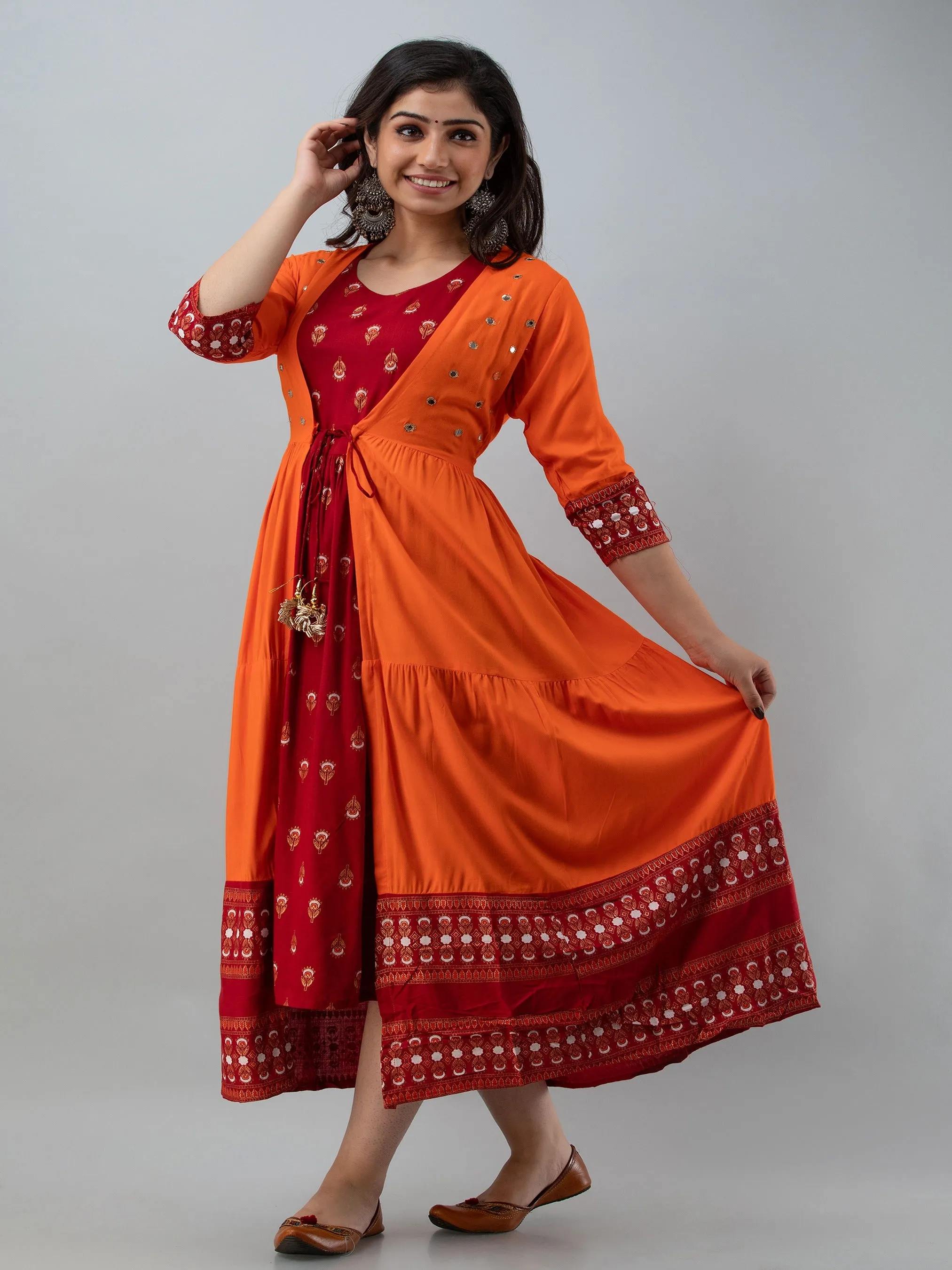 Orange Kurta with Detachable Shrug Jacket