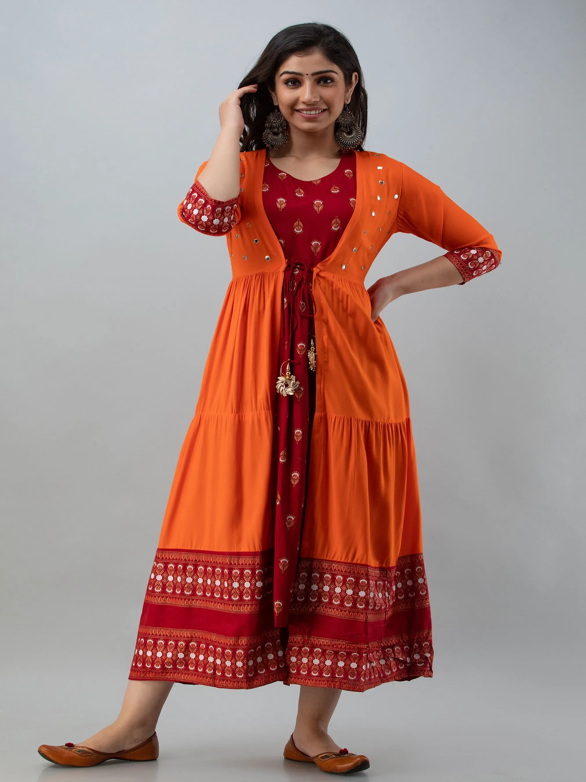 Orange Kurta with Detachable Shrug Jacket