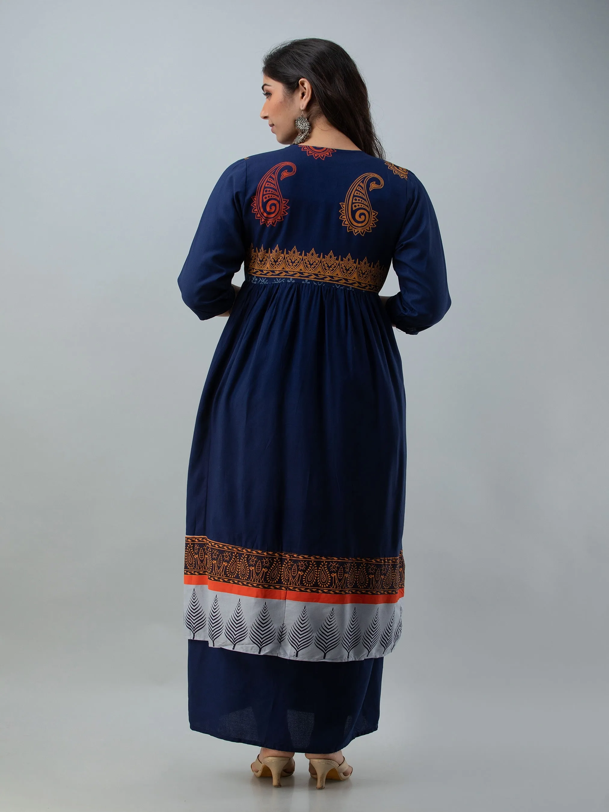 Printed Blue Kurta with Detachable Shrug Jacket