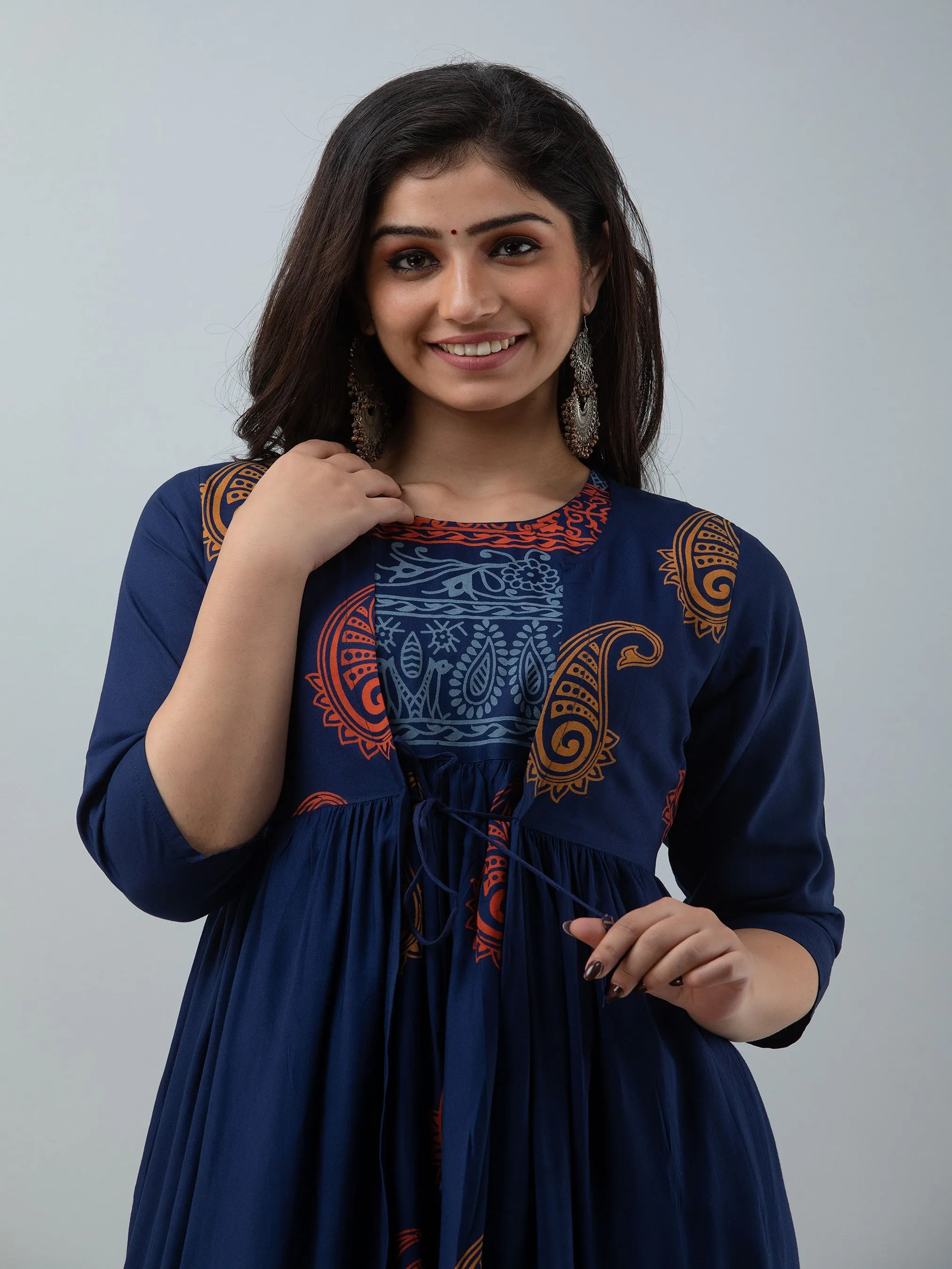 Printed Blue Kurta with Detachable Shrug Jacket