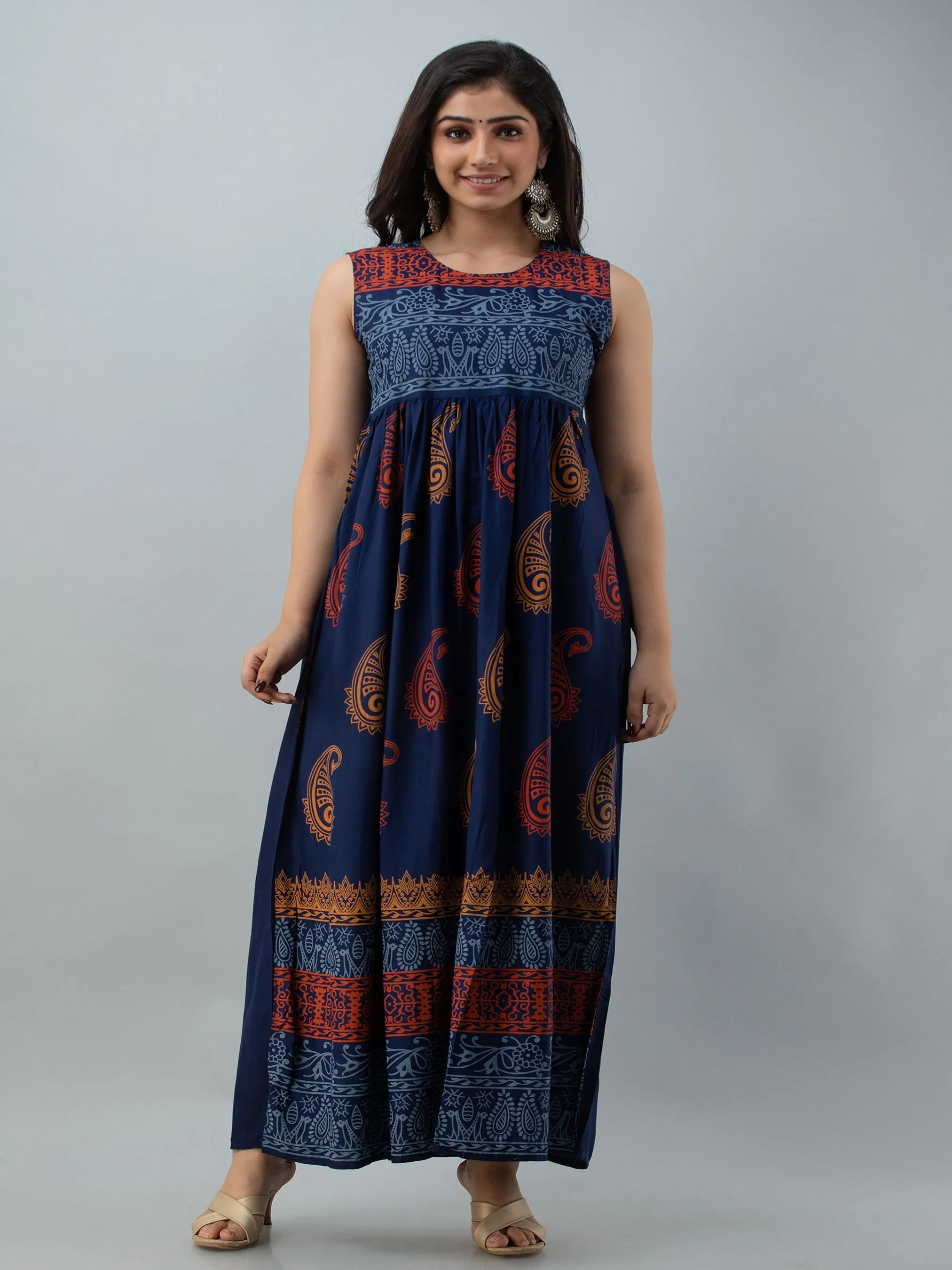 Printed Blue Kurta with Detachable Shrug Jacket
