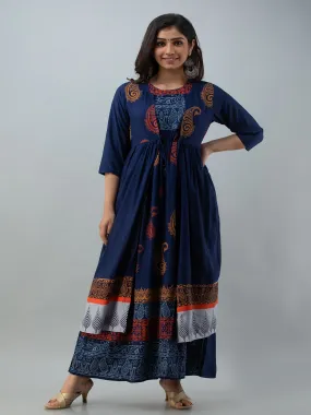 Printed Blue Kurta with Detachable Shrug Jacket