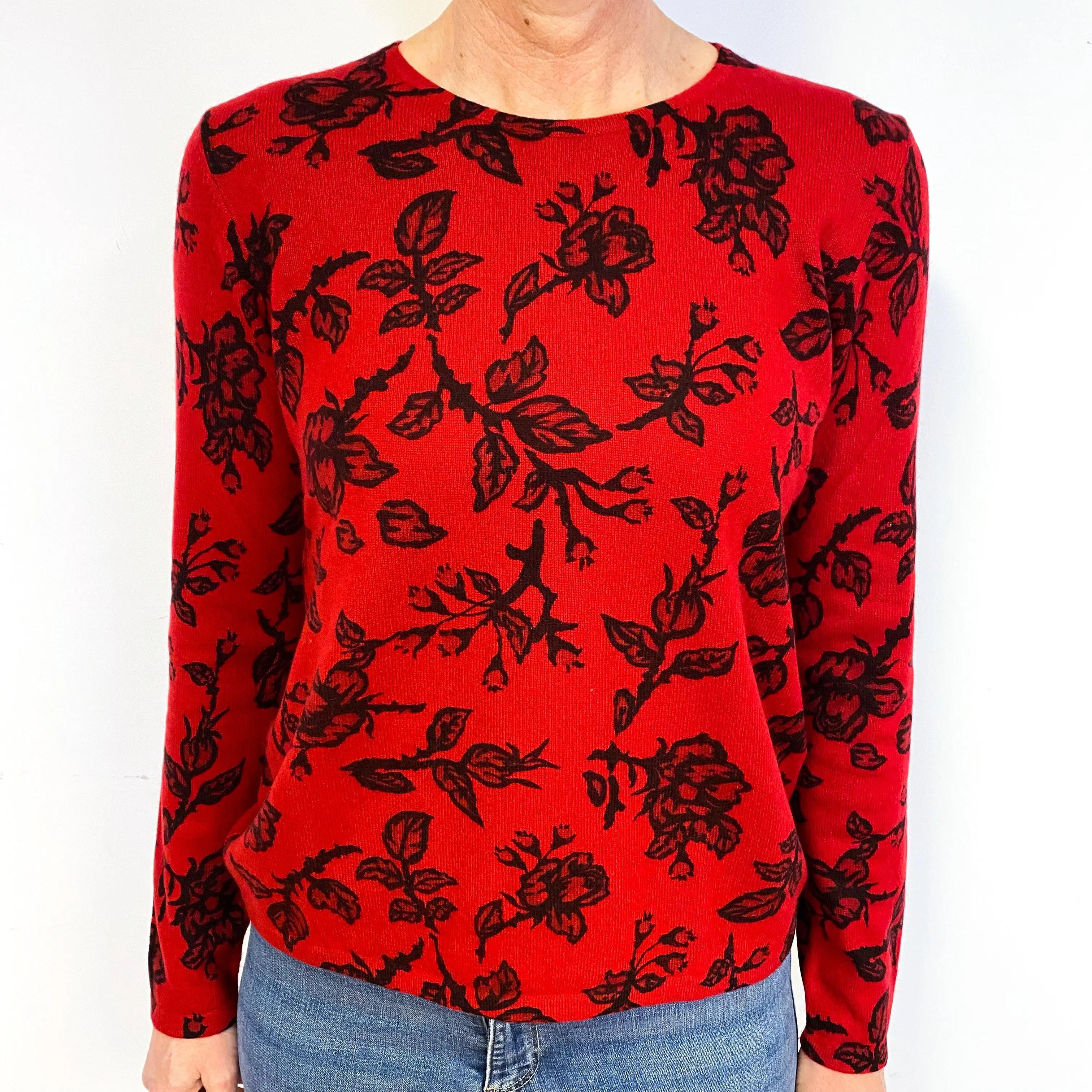 Scarlett Red Black Floral Cashmere Crew Neck Jumper Medium