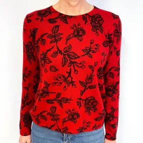 Scarlett Red Black Floral Cashmere Crew Neck Jumper Medium