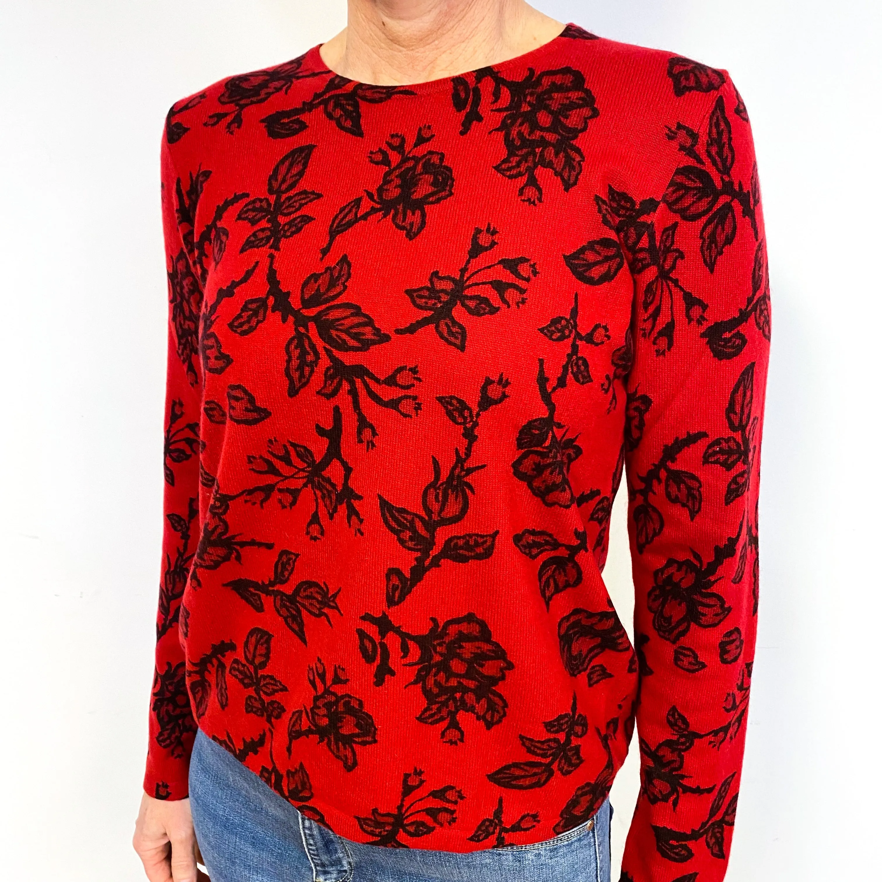 Scarlett Red Black Floral Cashmere Crew Neck Jumper Medium