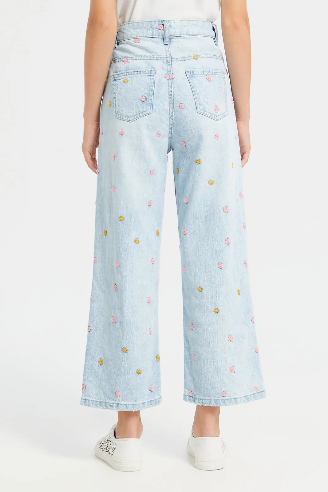Senior Girls Blue Embroidered Jeans