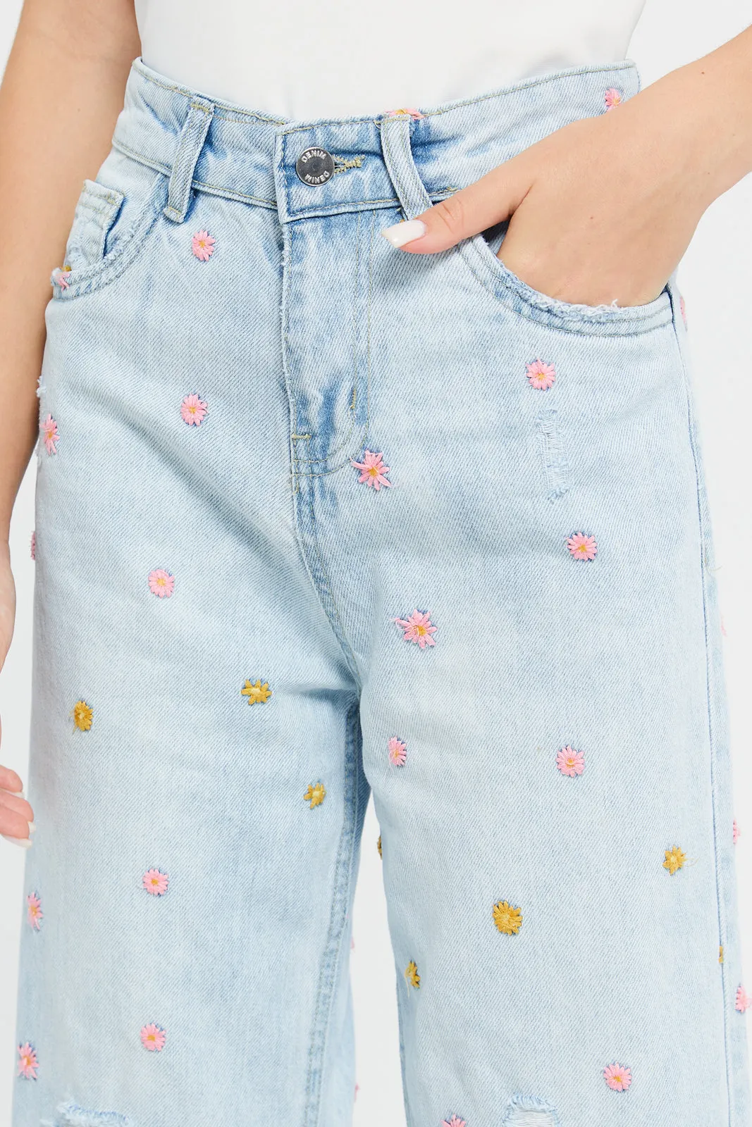 Senior Girls Blue Embroidered Jeans