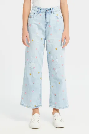 Senior Girls Blue Embroidered Jeans