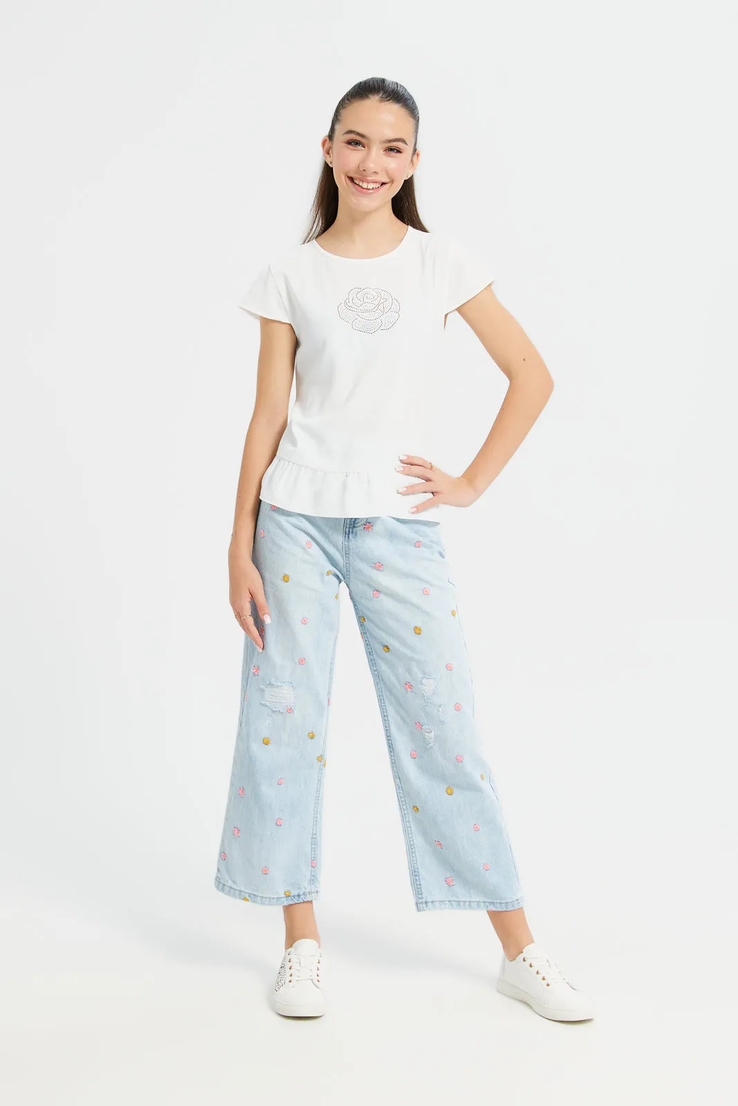 Senior Girls Blue Embroidered Jeans