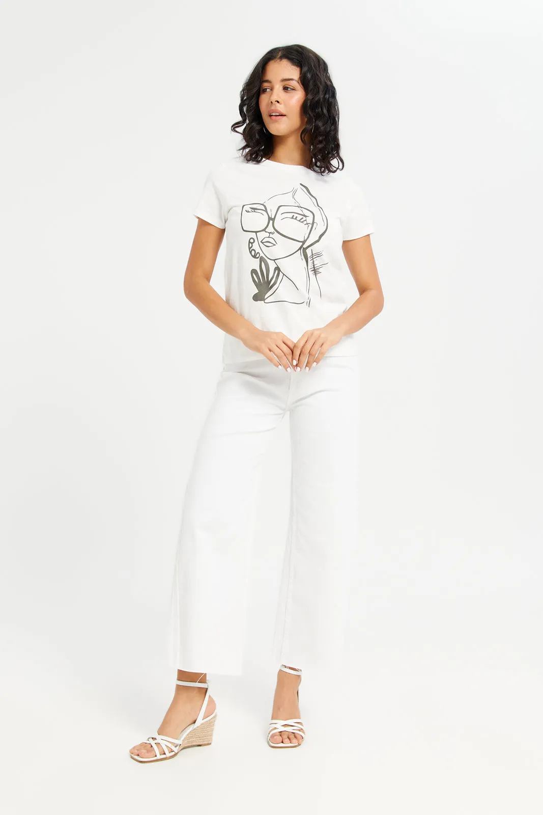 Women Plain White Wide Leg Jeans