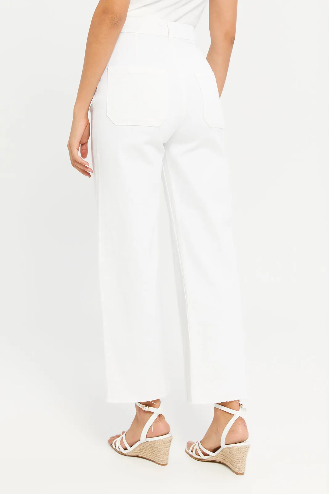 Women Plain White Wide Leg Jeans