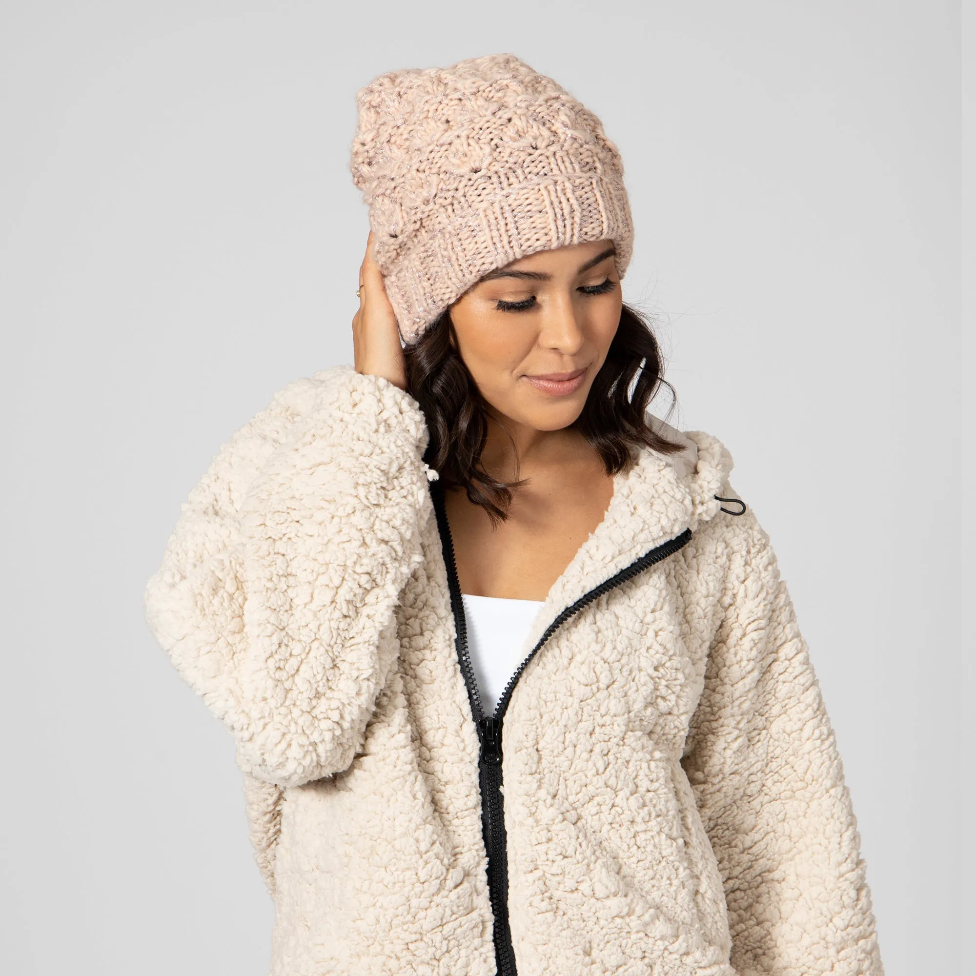 Women's Beanie with Cuff & Rose Gold Lurex