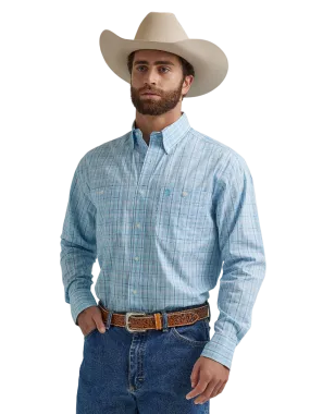 Wrangler Men's Long Sleeve Button Down Two Pocket Plaid Baby Blue Shirt