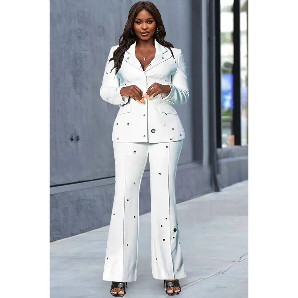 Zuri Formal Suit White V Neck Rivet Flared Leg Blazer Two Piece Pants Set